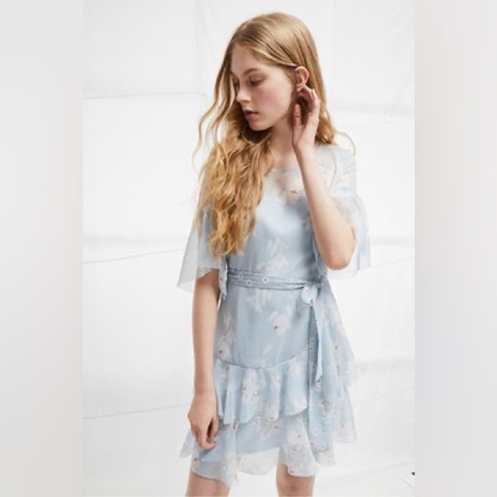 FRENCH CONNECTION Alba Floral Tie Waist Dress In Sea Breeze blue